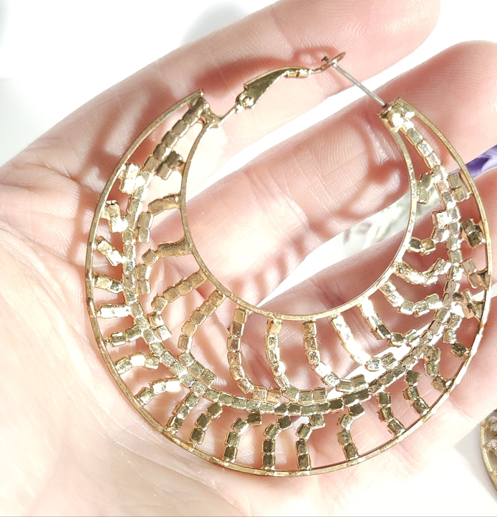 Gold Tone Crystal Hoop Earrings Large Crystal Statement Hoop Earrings - Picture 11 of 14